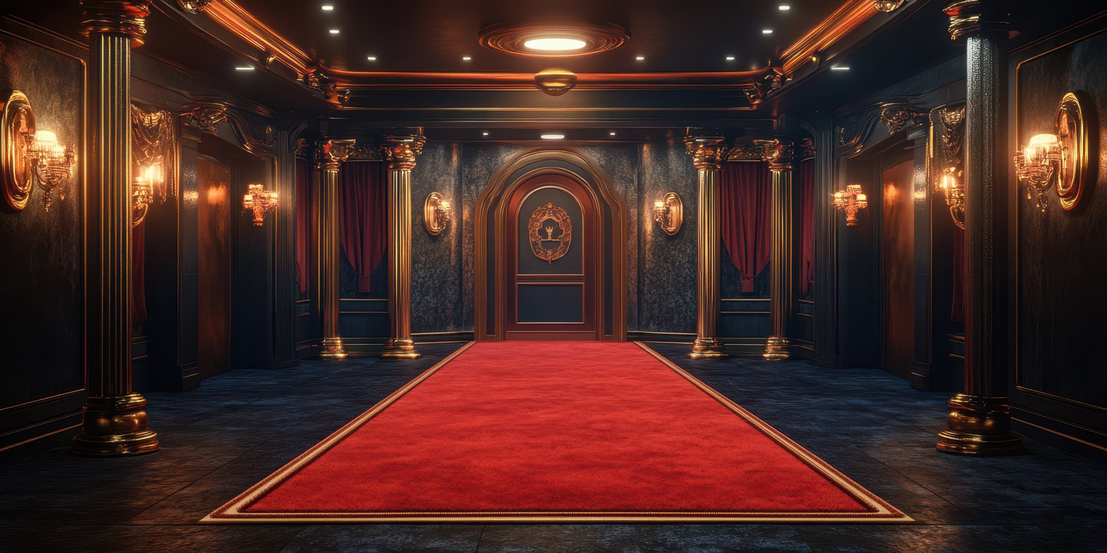 Luxurious interior hallway featuring intricate details and elegant lighting with a rich red carpet